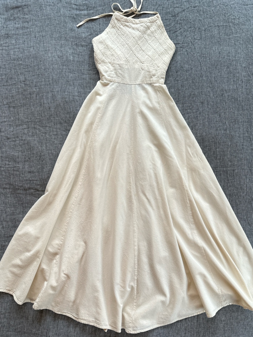 Vintage hippie boho crochet halter linen dress